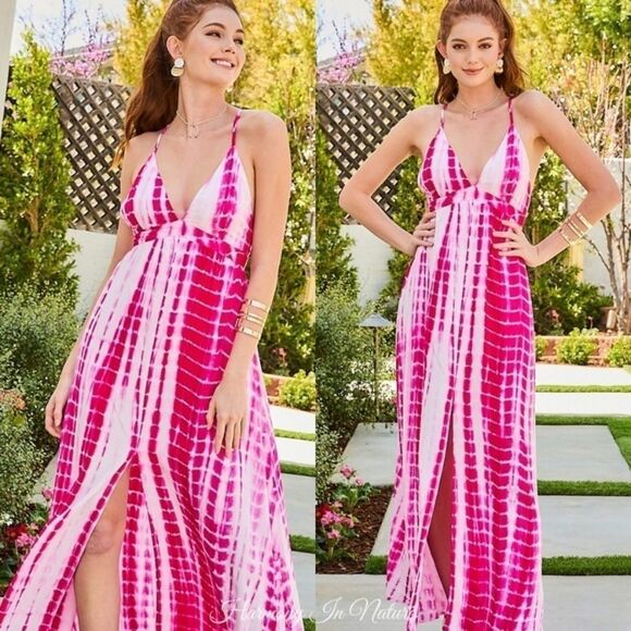 Main Strip Tie Dye Maxi Dress Spaghetti Strap Center Slit NWT - Picture 8 of 9